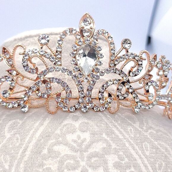 Rose Gold Tiara Bridal Pageant Crown Shiny Rhinestone Princess Birthday - Picture 4 of 12